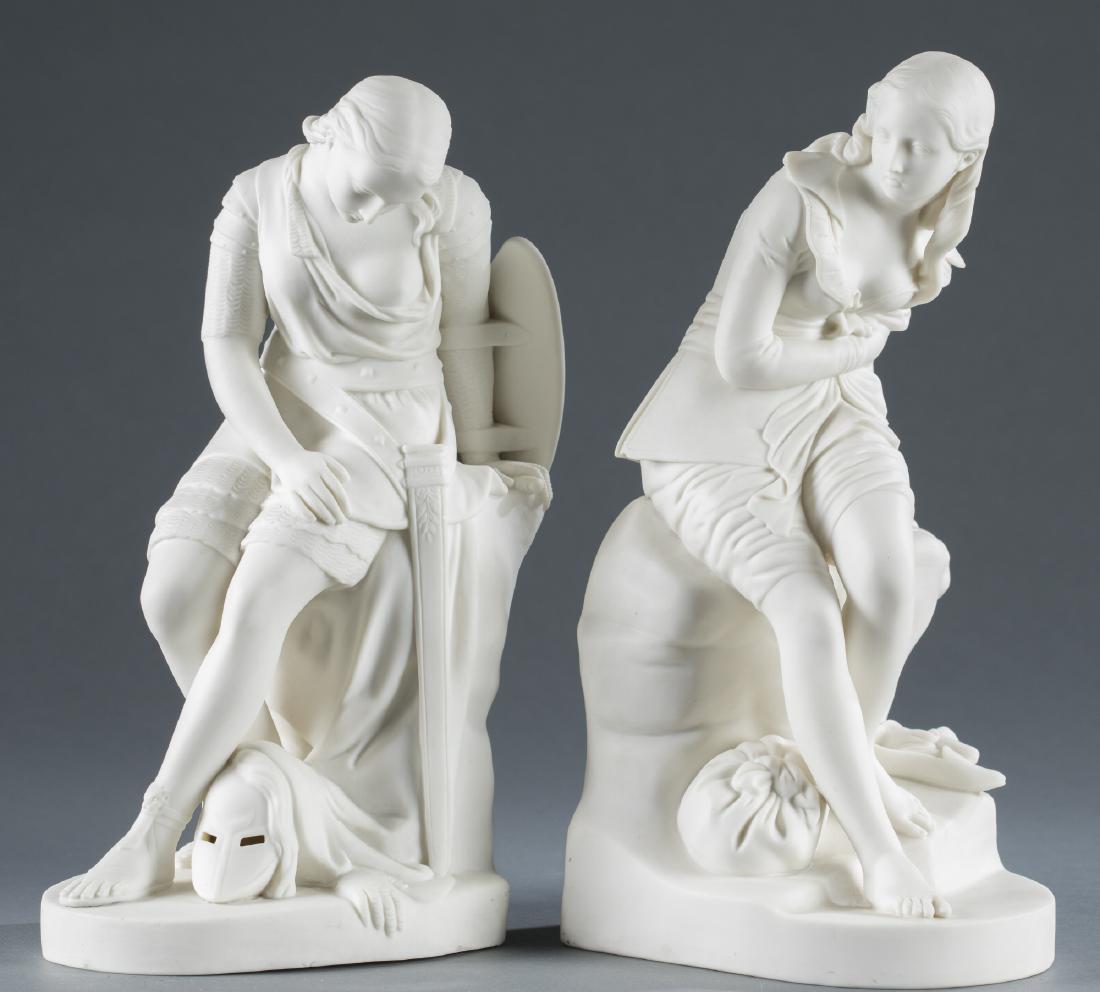 Minton Dorothea & Clorinda Parian Ware Statues.: "Dorothea," second half of 19th century. Originally designed by John Bell. Impressed factory marks. Incised 11 - 51 B 184 on interior. Small chip to tunic. 14" h. ++ "Clorinda" c.1848. Impressed signa