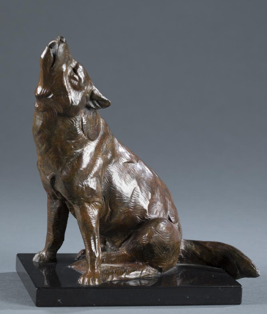 Dan Ostermiller (USA, 20th c.) Coyote Bronze.: Dan Ostermiller (United States, 20th century) coyote bronze on marble base, c.1995. Signed in mold on base including "CRR 48". 10" h x 9 1/4" l x 5" w.