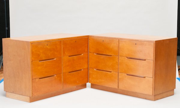 Pair of Finsven Dressers,: Pair of Finsven Dressers, manufacturer brand on back. Wear to surface. Keys inside drawers. Finsven produced a number of Alvar Aalto designs. Provenance: The Collection of a Relative of Paul Mayen. Ea