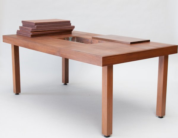 Rare George Nelson for Herman Miller Walnut Extensi: Rare George Nelson for Herman Miller Walnut Extension Dining Table. Includes two leaves and copper planter insert. 30" H x 72" W x 40" D.