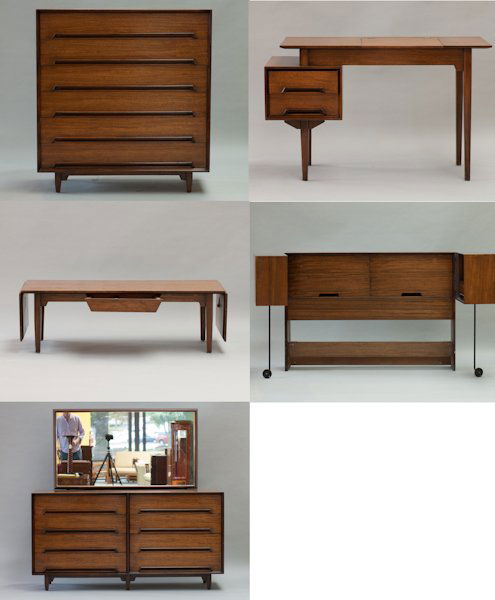 A Milo Baughman Perspective Line for Drexel Bedroo: A Milo Baughman Perspective Line for Drexel Bedroom Set to Include: a headboard with adjustable attached nightstands, eight-drawer dresser with mirror, six-drawer dresser, dressing table with mirrored