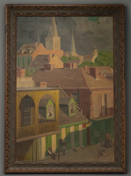 Felix, 20th C, "New Orleans", oil on canvas, Sight: Felix 20th C "New Orleans" oil on canvas Titled and illegibly signed lower right. Surface dirt and areas of mold in upper left corner. Sight image 30" H x 20" W, framed.