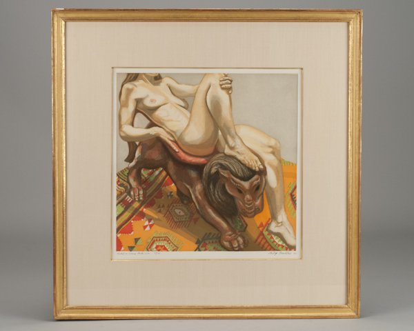 Philip Pearlstein, 1924-, "Model on Luna Park Lion: Philip Pearlstein 1924- "Model on Luna Park Lion" color etching on wove paper, numbered 24/50 Pencil signed and dated 1992 lower right and titled and numbered 24/50 lower left. Produced for the Herber