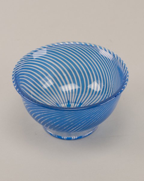 Orrefors Graal Bowl by Edvard Hald with Blue Cane: Orrefors Graal Bowl by Edvard Hald with Blue Cane Swirl Design. Signed on base. 3" H x 5 3/4" dia.