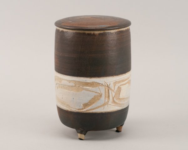 Joel Edwards Lidded Vessel with Sgraffito Decorati: Joel Edwards Lidded Vessel with Sgraffito Decoration. Signed Edwards on base. Sold with information about the artist from an article titled "Three California Ceramists" by Janice Lovoos. Edwards left