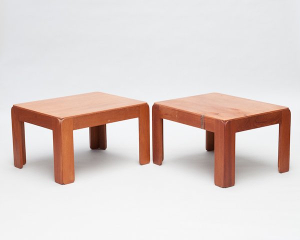 Pair of Niels Eilersen Made in Denmark Teak Coffee: Pair of Niels Eilersen Made in Denmark Teak Coffee Tables, manufacturer tag on bases. Surface damage to one. Each 17 1/2" H x 24" W x 30" D.