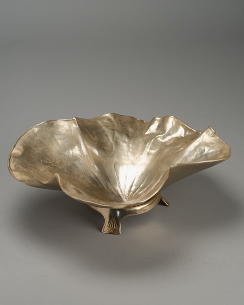 Oskar J. W. Hansen, Norway, (1892-1962), "Lotus Le: Oskar J. W. Hansen Norway, (1892-1962) "Lotus Leaf Bowl" sand-cast anodized aluminum Marked "Lotus Leaf Copyright 1948 Oskar J. W. Hansen Harvin Co. No. 3514." Bowl sits on separate footed base. The H