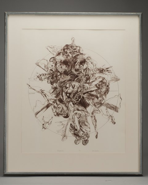 Jacob Landau, (1917-2001), "The Ninth Circle", sep: Jacob Landau (1917-2001) "The Ninth Circle" sepia lithograph, numbered 47/50 Pencil signed lower right and titled and numbered 47/50 lower middle. Sight image 25" H x 21" W, framed.
