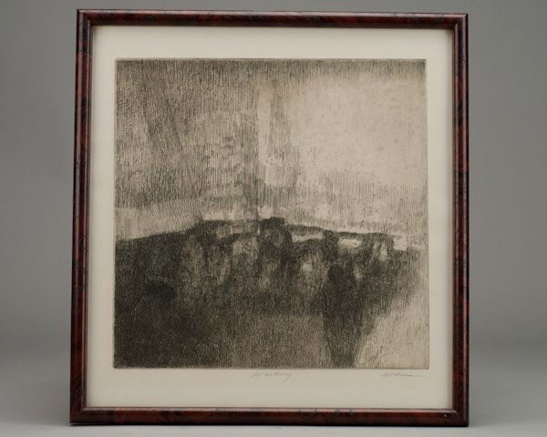 Harold Altman, (1924-2003), "Waiting", etching, Si: Harold Altman (1924-2003) "Waiting" etching Signed lower right and titled lower middle. Sight image 12" square, framed.