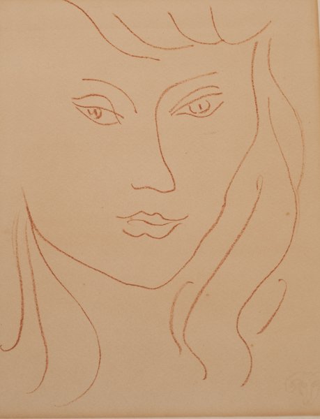 Drawing in the manner of Matisse of a Woman,: Drawing in the manner of Matisse of a Woman, on Lana paper with ram's head watermark lower right and deckle edges to right and bottom margins. Heavily toned and with some foxing. Faint fold at upper m