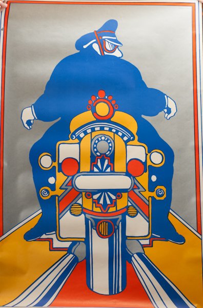 Seymour Chwast Iconic 1960s Harley Davidson Poster: Seymour Chwast Iconic 1960s Harley Davidson Poster,, some wear and staining to edges. Chwast was the founder of Push Pin Studios. 36" H x 24" W, unframed.