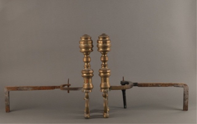 Turn of the 19th Century Double Scroll Andirons,: Turn of the 19th Century Double Scroll Andirons, Chinese-type legs on ball feet. Center multiple ringed shaft. Top finials loose, log stops missing. Provenance: APVA deaccession. 19"" H x 12"" W x 20"