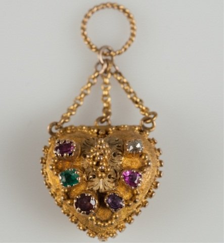 A Small 14K (tested) Gold and Colored Stone Locket: A Small 14K (tested) Gold and Colored Stone Locket Charm/Pendant, with a textured surface and granular decoration. 3/4", 5.3 grams
