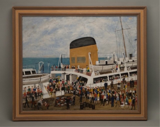 Unknown Artist, 20th C, American, Passengers Board: Unknown Artist 20th C, American Passengers Boarding a Boat tempera on fine linen unsigned, crackling to paint surface, framed. A wonderful folk art piece. 20"" high, 24"" wide.