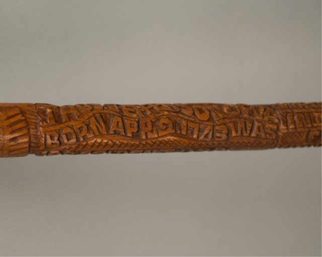 A Rare Thomas Jefferson Craddock Folk Art Carved W: A Rare Thomas Jefferson Craddock Folk Art Carved Walking Stick, carved with various animals, flowers and other motifs, and with ""University VA/Rotunda Burnt Oct 27, 1895/Jeffersons Tomb/Thos Jefferso