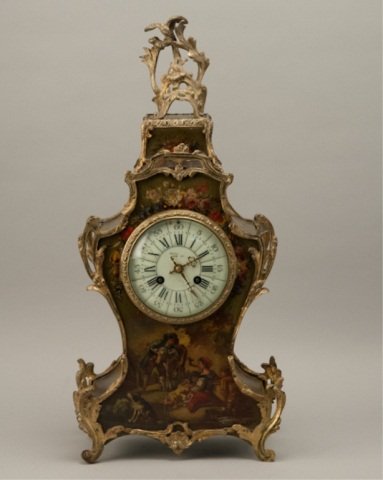 A Tiffany & Co. Shelf or Mantle Clock: A Tiffany & Co. Shelf or Mantle Clock having an enameled porcelain face marked Tiffany & Co. New York. The works marked Tiffany & Co. and are mounted in a painted wood and ormolu mounted rococo case.