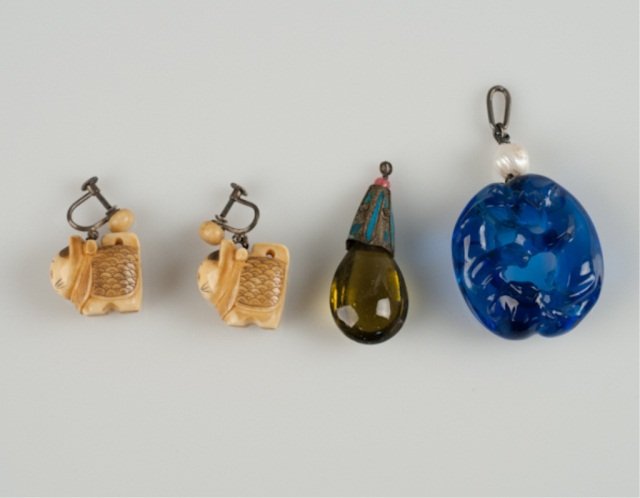 Two Asian Pendants and a Pair of Japanese Ivory Ca: Two Asian Pendants and a Pair of Japanese Ivory Cat Earrings, one pendant of blue glass and a pearl, the other of enameled mounted green glass, the earrings with screw posts.