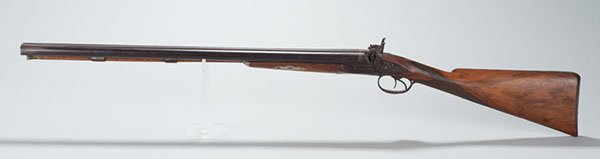 Circa 1870 Percussion Double-Barrel English 12 Ga.: Circa 1870 Percussion Double-Barrel English 12 Ga. Shotgun With Locks Marked "W. Parker" And Top Of Barrel Rib Engraved "London Fine Twist." Small Percussion Cap Box Inset Into Butt Stock. Barrel Leng