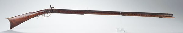 Circa 1840 Pennsylvania-Style Full Stock Percussio: Circa 1840 Pennsylvania-Style Full Stock Percussion Rife With Brass Butt Plate, Trigger Guard And Stock Nose Cap. Set Triggers. Lock Marked "Warranted" And Top Of Barrel Engraved With 2 Vertical Slant