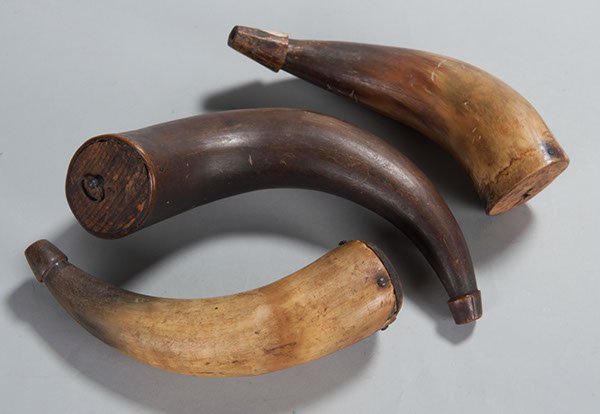 Lot Of Three (3) Medium Size Powder Horns For Use : Lot Of Three (3) Medium Size Powder Horns For Use With Flintlock Or Percussion Pennsylvania-Style Rifles.