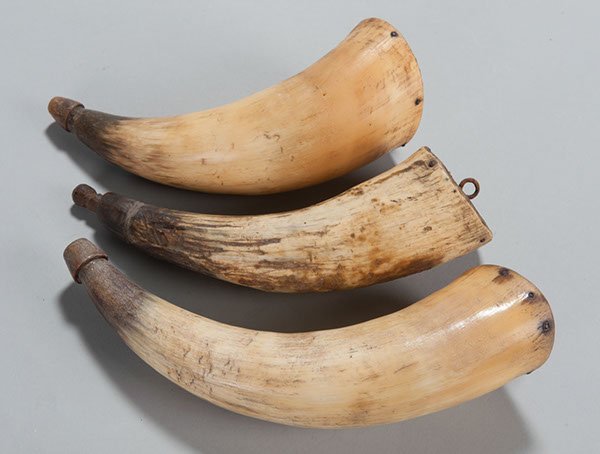 Lot Of Three (3) Medium Size Powder Horns For Use : Lot Of Three (3) Medium Size Powder Horns For Use With Flintlock Or Percussion Pennsylvania-Style Rifles.