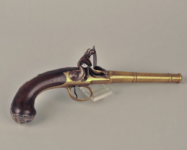 Exceptional Brass-Barrel English Flintlock Pistol : Exceptional Brass-Barrel English Flintlock Pistol By D. Moore. Screw-Off Cannon-Style Barrel That When Detached Measures 5-1/4" Long. Silver Butt Cap In Face Of Dog With Lots Of Teeth Showing. Silver 