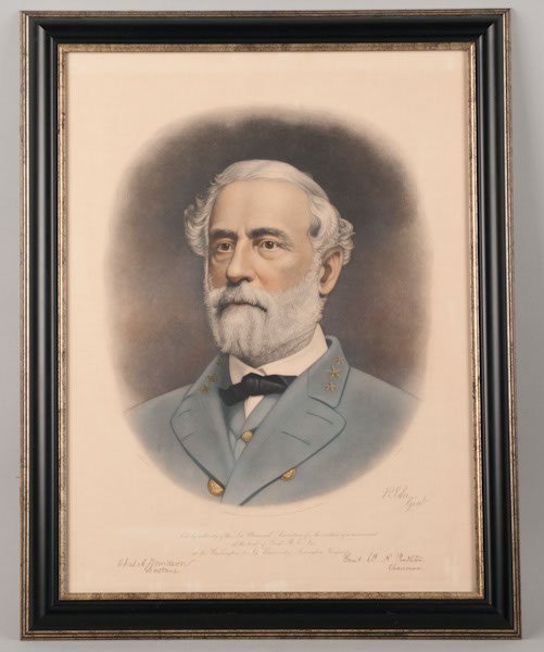 Framed reproduction print of Civil War General Rob: Framed reproduction print of Civil War General Robert E. Lee in uniform. 22" wide by 28" high. The originals were produced in 1871 and sold by the Jackson Monument Association at the Virginia Military