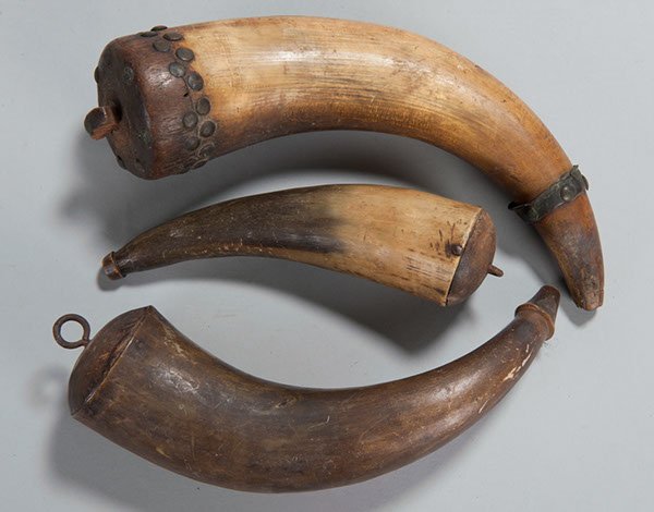 Lot Of Three (3) Powder Horns For Use With Flintlo: Lot Of Three (3) Powder Horns For Use With Flintlock Or Percussion Hunting Rifles Of The 1800S.