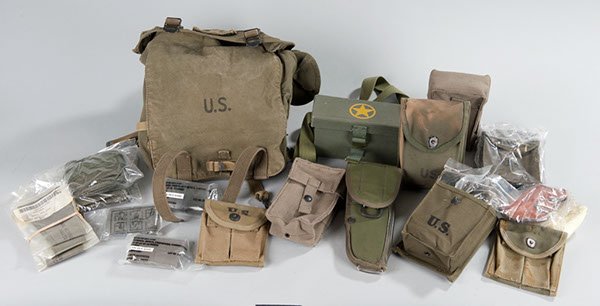 Collection of modern military web gear and 2 WWII M: Collection of modern military web gear and 2 WWII M1 carbine clip pouches without clips.