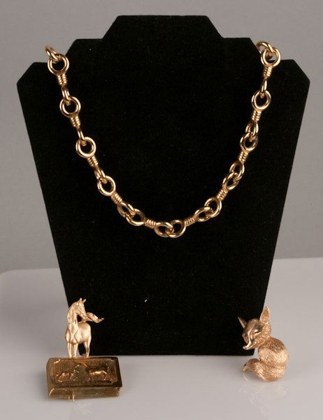 Assortment of Signed and Unsigned Costume Jewelry: Assortment of Signed and Unsigned Costume Jewelry Four Pieces, Includes Erwin pearl Necklace, Castlecliff Fox Brooch, Two Unsigned Equestrian Necklace Slides.
