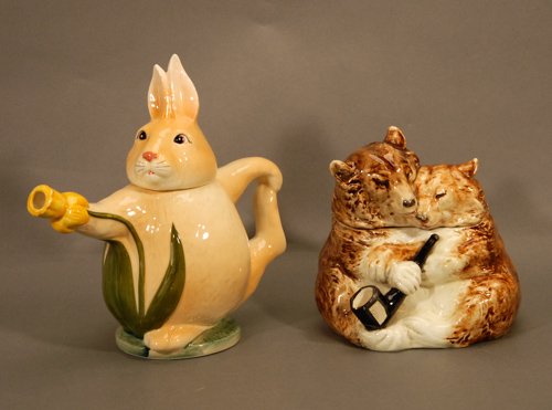 Rabbit Themed Teapot and Bear Themed Cookie Jar: Rabbit Themed Teapot and Bear Themed Cookie Jar Japan Sticker to bottom of Teapot. 10 H x 10 W