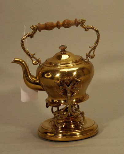 Brass Tea Kettle and Stand with Burner: Brass Tea Kettle and Stand with Burner 11"" H x 5 1/2"" L