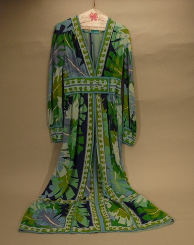 Vintage Emilio Pucci Dress, Size 10, Silk, Saks La: Vintage Emilio Pucci Dress, Size 10, Silk, Saks Label Long Sleeves, Varying Blue and Green Geometric Floral Design