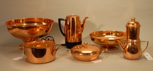 Group of Copper Serving Pieces: Group of Copper Serving Pieces Includes 6 Pieces; Punch Bowl, Fruit Bowl, Two Lidded Pots, Hammered One Coffee Press, and One Modern Universal Coffeematic.