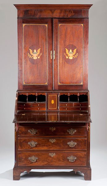 Federal Style Mahogany Secretary,: Federal Style Mahogany Secretary, Cabinet Doors Depicting Eagle with American Flag Shield and Arros and Laurel in Claws, Adjustable Interior Shelves, Lower Fitted Interior Desk with Two over Three Gra