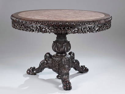 Carved Chinese Teakwood Table with Marble Top: Carved Chinese Teakwood Table with Marble Top