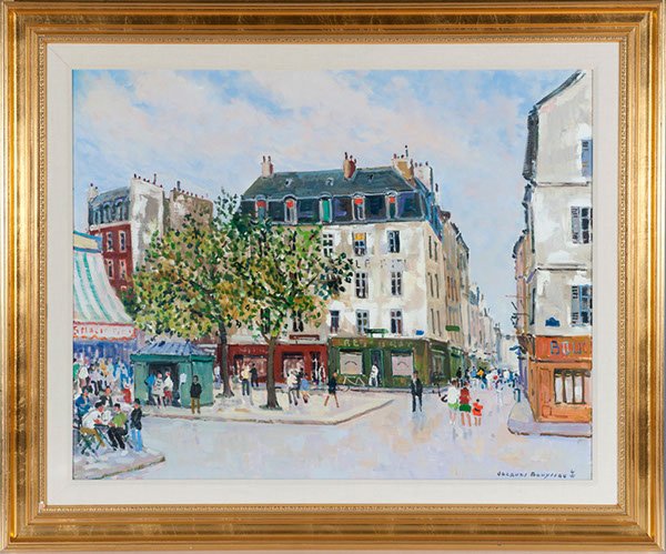 Jacques Bouyssou, Paris Place de la Contrescarpe, : Jacques Bouyssou Paris Place de la Contrescarpe Oil on Canvas Paris Scene. Od: 37 H x 44 1/2 W Id: 28 H x 35 1/2 W