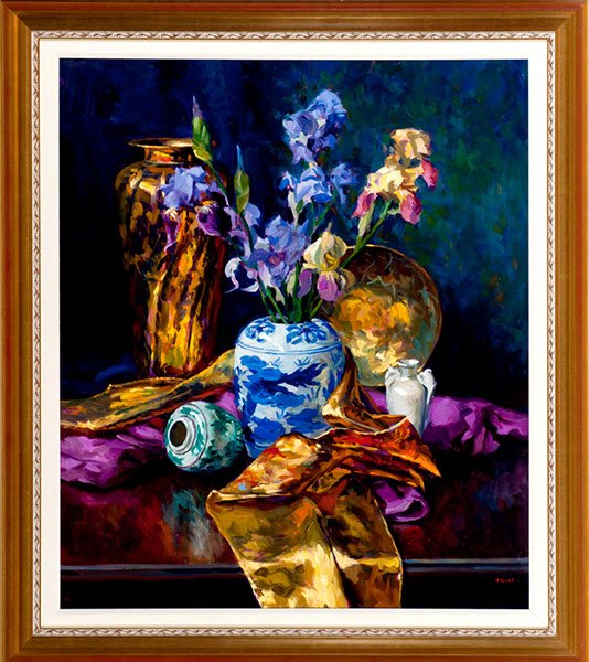 Gregory Hull, Still Life with Irises, Oil on Canva: Gregory Hull Still Life with Irises Oil on Canvas Signed lower Right Od: 47 H x 41 1/2 W Id: 39 H x 31 W
