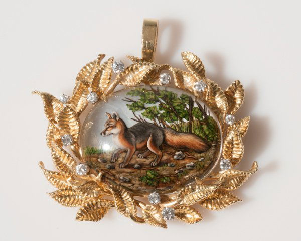 18K Yellow Gold and Diamond Brooch: 18K Yellow Gold and Diamond Brooch Fox Reverse Intaglio Set in Gold Leaf Frame with Diamond Accents, 11 Diamonds, Approx .85 ct. 32.9g