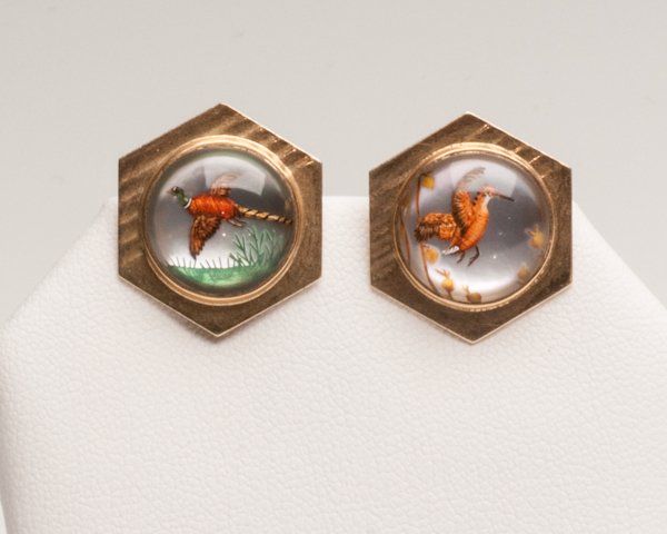 Pair of 14k Yellow Gold Reverse Intaglio Earrings: Pair of 14k Yellow Gold Reverse Intaglio Earrings Bezel Set, 15mm Round Reverse Intaglio of Pheasant and Wood Duck 9.6g