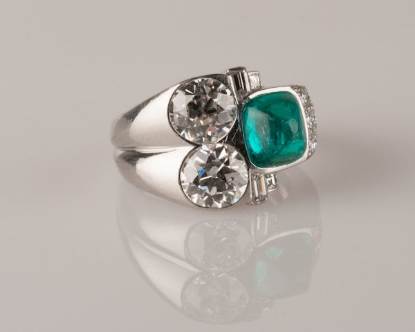 Raymond C. Yard Platinum, Diamond, and Emerald Ring: Raymond C. Yard Platinum, Diamond, and Emerald Ring, Signed Yard, 12.3 grams, Ring contains Two Old European Cut Diamonds, Approx. 1 ct, H - I Color, SI Clarity, One Natural Emerald, Sugarloaf, Approx