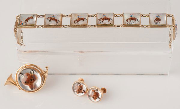 14K Yellow Gold Reverse Crystal Intaglio Bracelet,: 14K Yellow Gold Reverse Crystal Intaglio Bracelet, Brooch and Earrings, (A) 14K Yellow Gold Reverse Crystal Intaglio 8 Panel Bracelet, Bucking Bronco Motif, Good Condition, 7 1/2"", (B) 14K Yellow Gol