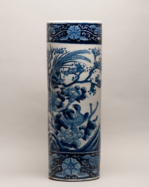 Blue and White Oriental Porcelain Umbrella Stand,: Blue and White Oriental Porcelain Umbrella Stand, Ca. 1900, Floral Motif 25"" x 9""