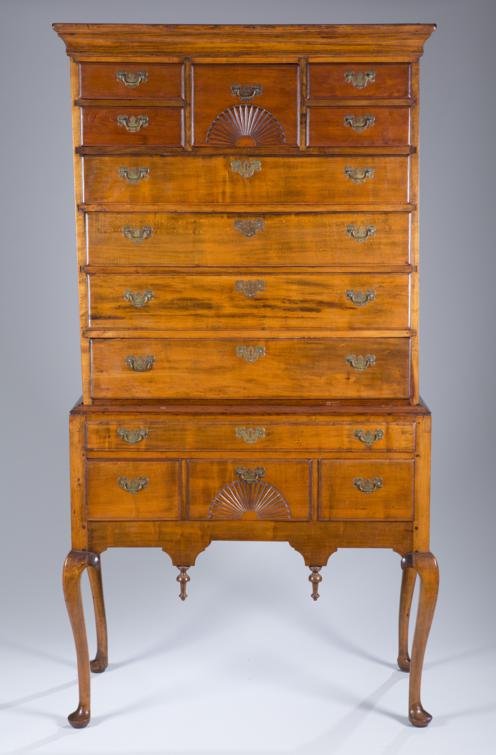 18th Century New England Highboy, Maple, Some Rest: 18th Century New England Highboy, Maple, Molded Cornice, Upper Section Center Draw Displays Shell Motif Above Four Long Drawers with Brass Queen Anne Escutcheons, Lower Section Contains One Long Drawe
