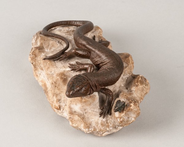 Bronze Group of Iguana and an Insect on Stone Base: Bronze Group of Iguana and an Insect on Stone Base 1920-1930's 7"" L