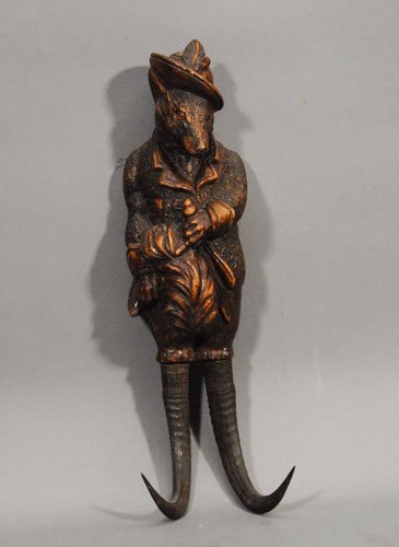 German Black Forest Figural Fox Carved Coat Rack w: German Black Forest Figural Fox Carved Coat Rack with Roe Deer Antlers Height: 13"