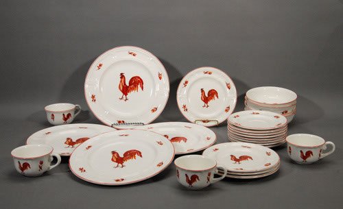 4 Ironstone Plates Red Rooster in Center Diameter: 4 Ironstone Plates Red Rooster in Center Diameter 10 1/2"