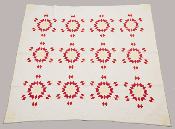 Central Ohio Pieced Quilt, Late 1800's - Early 1900,: Central Ohio Pieced Quilt, Late 1800's - Early 1900, Blazing Star/Star within a star pattern, one leaf requilted with a sewing machine 96"" x 88""