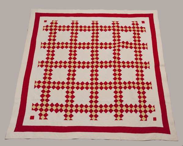 American Pieced Quilt, Late 1800's,: American Pieced Quilt, Late 1800's, Irish Chain pattern, red and yellow fabrics with a white field, minor fading of red 82"" x 82""