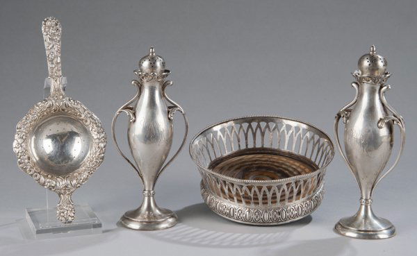 Four Sterling Pieces, Including S. Kirk & Sons Tea Stra: Four Sterling Pieces, Including S. Kirk & Sons Tea Strainer, Pair of Art Nouveau salt shakers and sterling rimmed wine coaster.